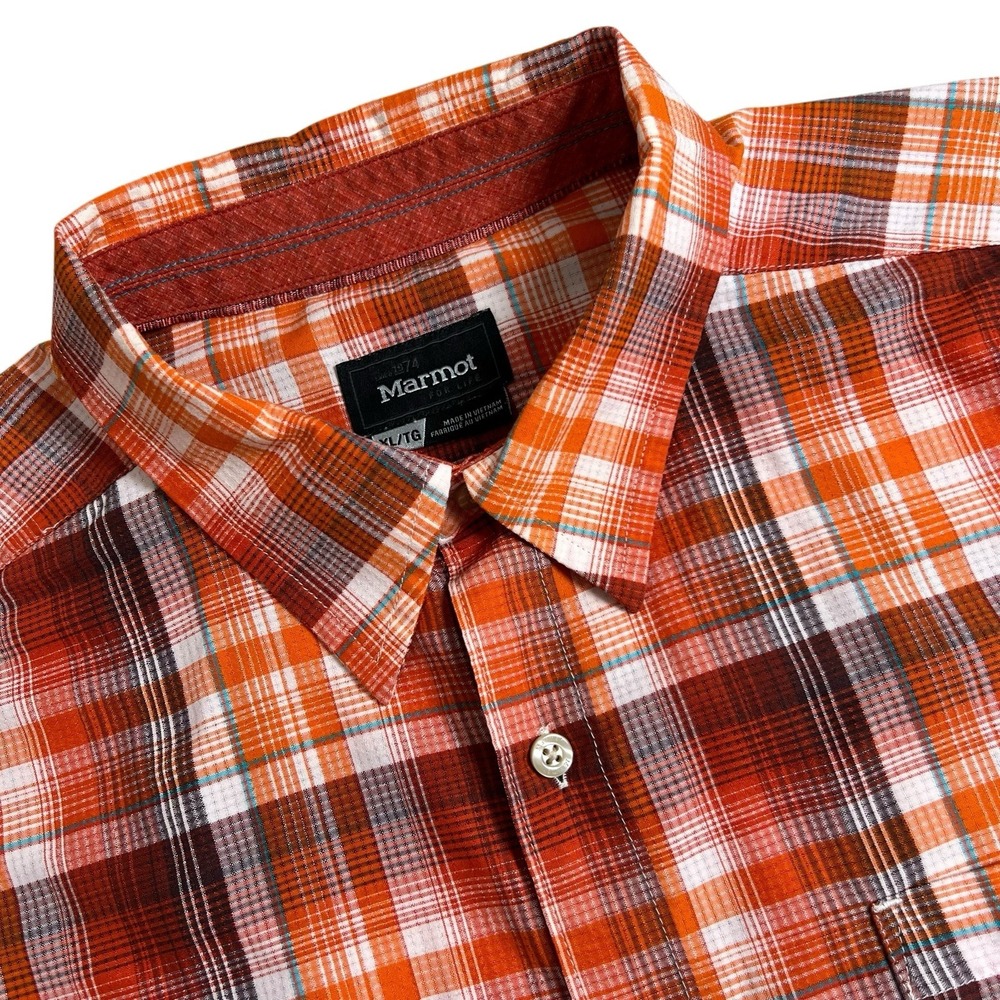 Marmot Mens XL Orange Plaid Short Sleeve Polyester‎ Button Up Shirt Outdoor